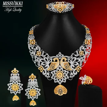 

missvikki Hot Luxury Shining Flowers Noble Necklace Earring Bangle Ring 4PCS For Women Wedding Bridal Party Show Jewelry Sets