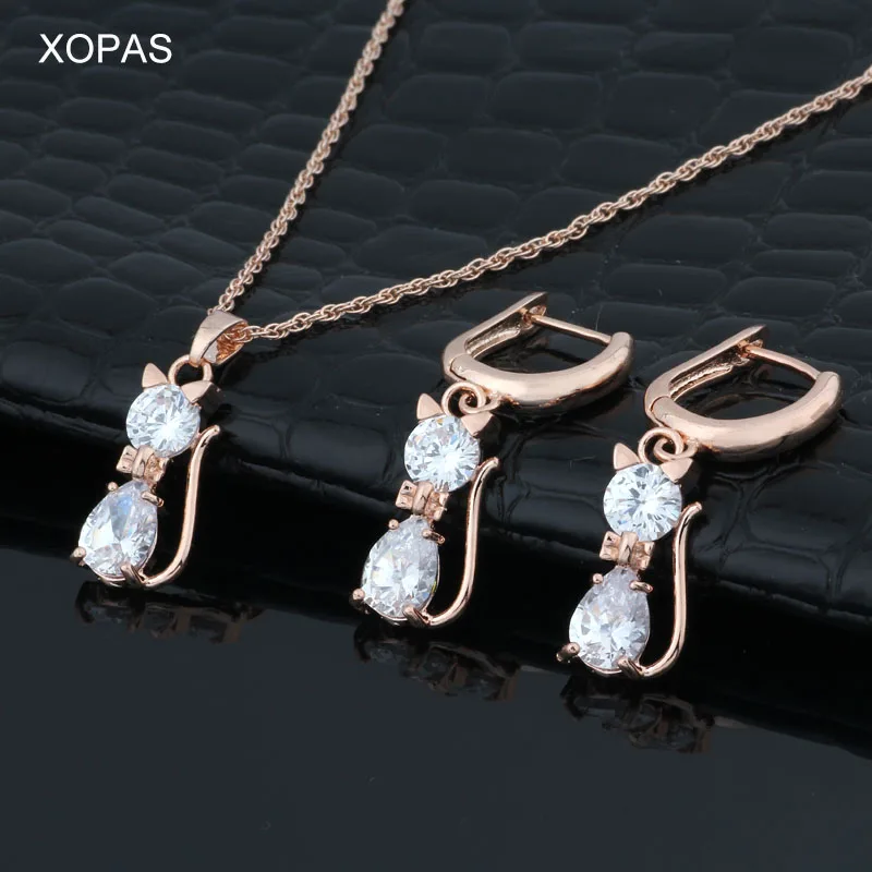 

XOPAS Woman Fashion Jewelry Set Creative Design 585 Rose Gold Color Chain Animal Cubic Zircon CZ Cat Pendant Necklace