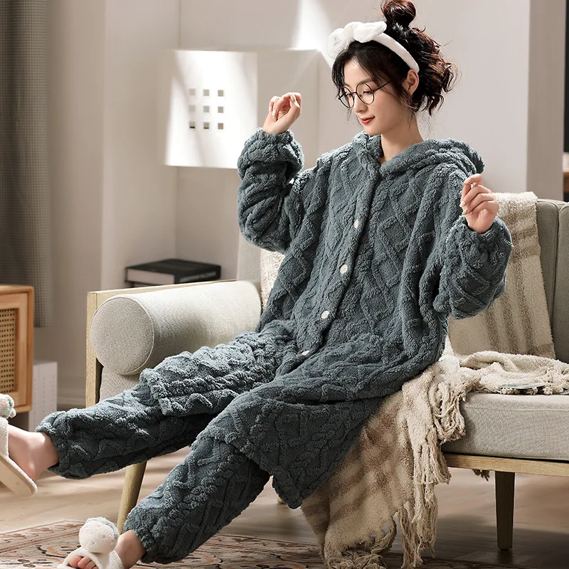 

Fdfklak 2021 Winter Thicken Warm Cardigan Flannel Lengthen Pajamas Suit Female Twist Sleep Two Piece Set Women Loungewear