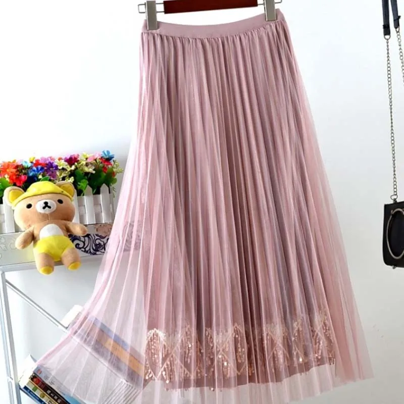 Gold Velvet High Waist Pleated Skirt Mesh Tulle Lace Stitching Sequin Bead Plus Size Two-tiered black Long Skirts women Clothes