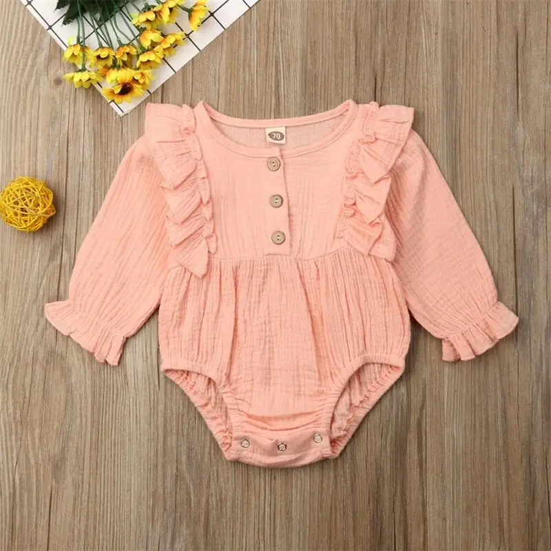 Citgeett Autumn Newborn Toddler Baby Girl Clothes Ruffle Bodysuit Soft Jumpsuit Outfit Solid Linen Sunsuit 4