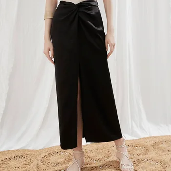 

2020 New Womens Split Midi Skirt Simple Straight Knotted Waist Lady Soft Long Skirts Clothing