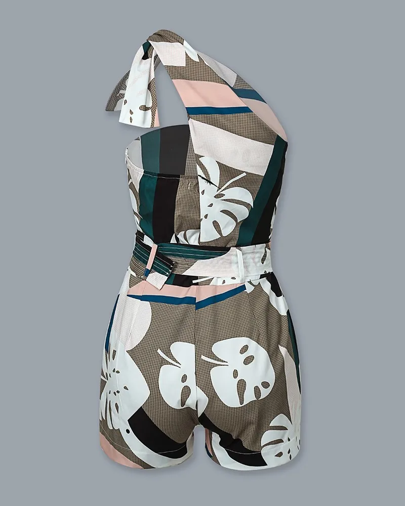 Goede Een Schouder Geknoopt Detail Abstract Print Rompertjes Vrouwen Jumpsuit Zomer Sexy Dames Een Stuk Overalls Playsuits
