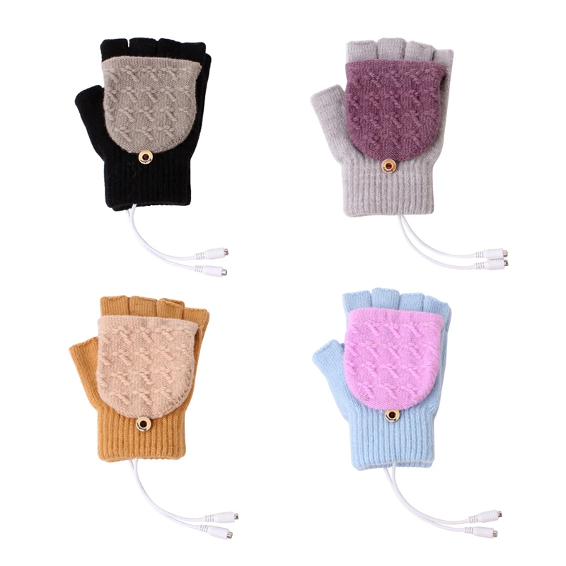 USB Heated Gloves Wool Knit Thickened Stretch Half Finger Flip Cover Foldable Mittens Warm Battery Powered Heating Unisex Gloves