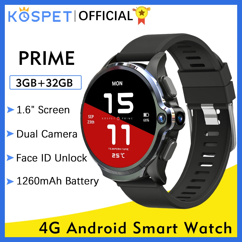 умные смарт часы KOSPET Prime 3GB 32GB мужские телефон Smart Watch 8.0MP камеры 1260 мАч Face ID 1.6&quot 4G
