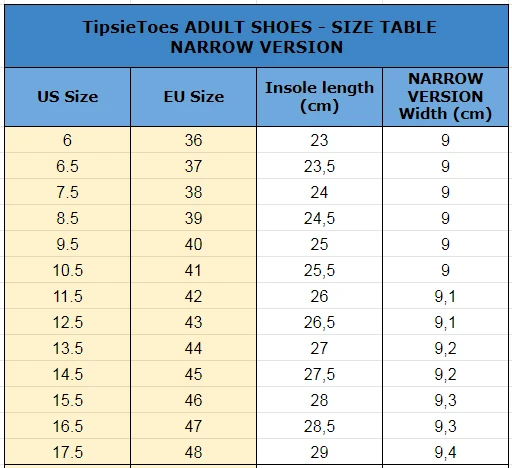 narrow size chart