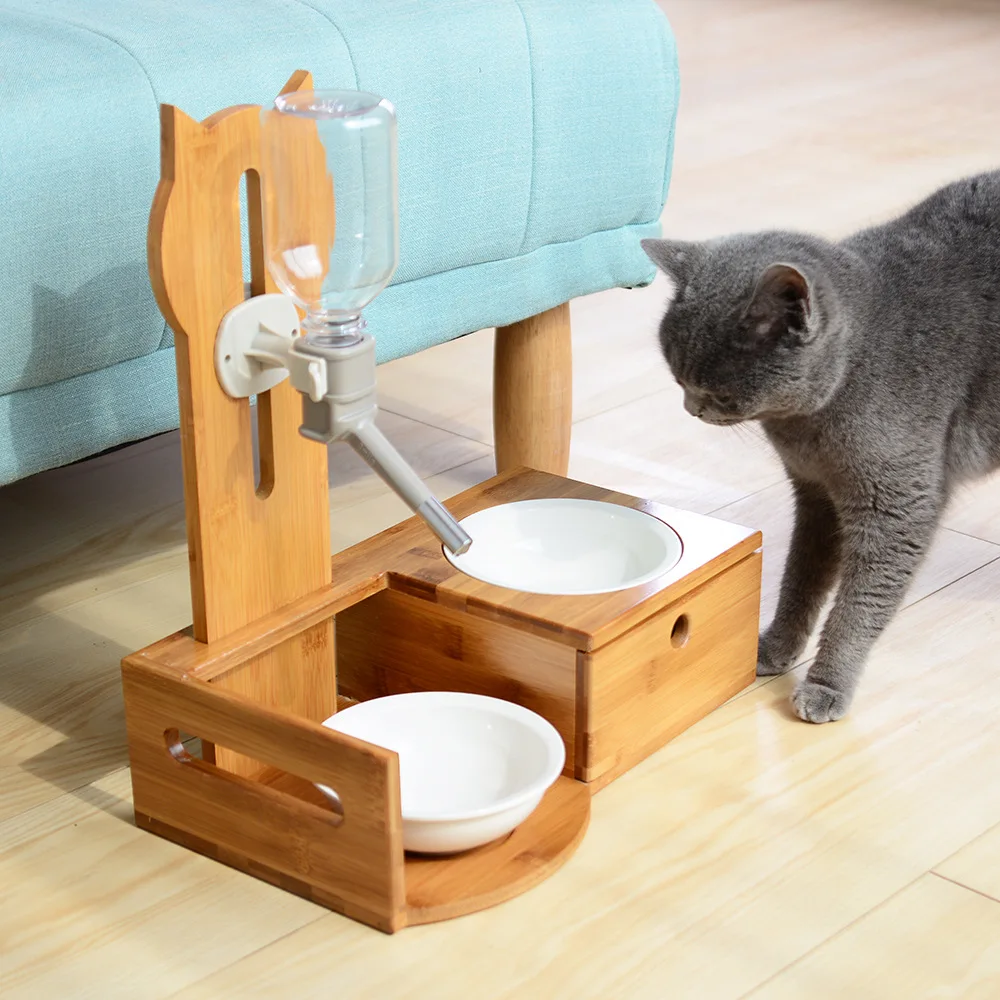 

Meow Beautiful Dining Table Made of Solid Wood Set Drawer-Ball Bearing herchy Water Fountain Pet Tableware Patented Supply of Go