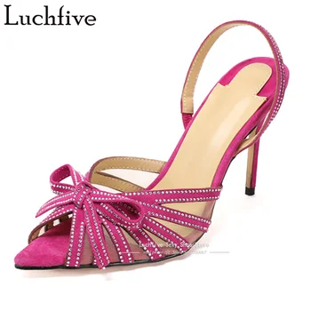

Crystal Bowtie Mesh Sandals Women High Heels Party Shoes Woman Sexy Peep Toe Slingbacks Pink Summer Ladies Shoes