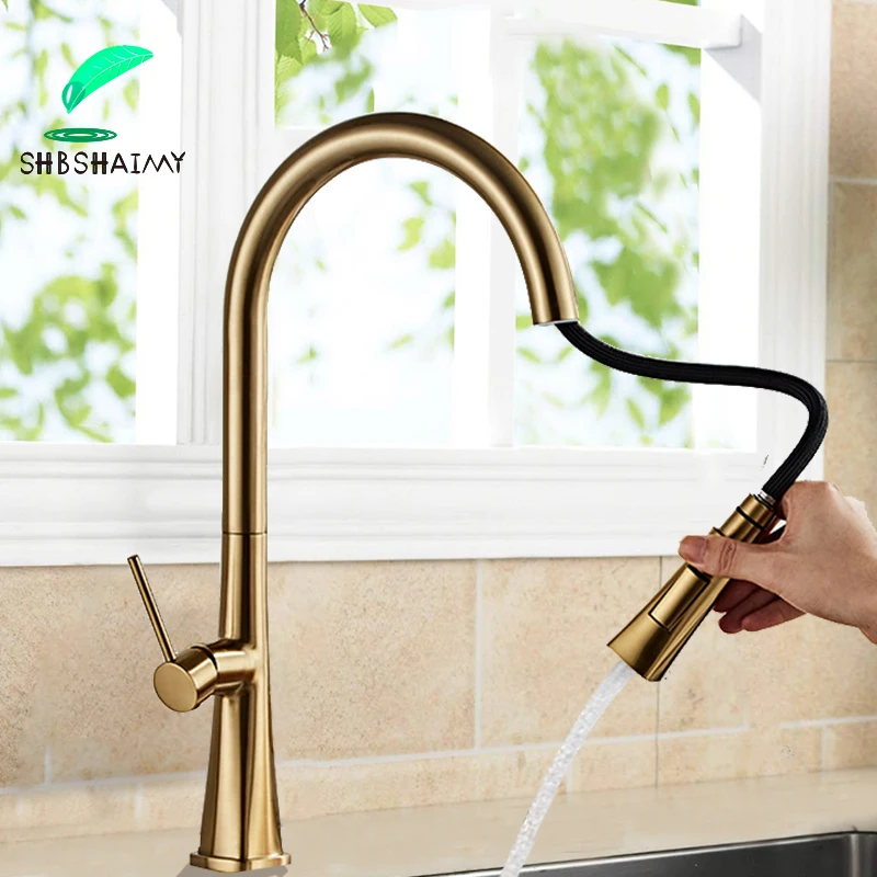 

Brushed Golden Pull out Kitchen Faucet Luxury kitchen sink crane Dual Outlet Water spout 360 Rotation Cold Hot water Mixer Tap