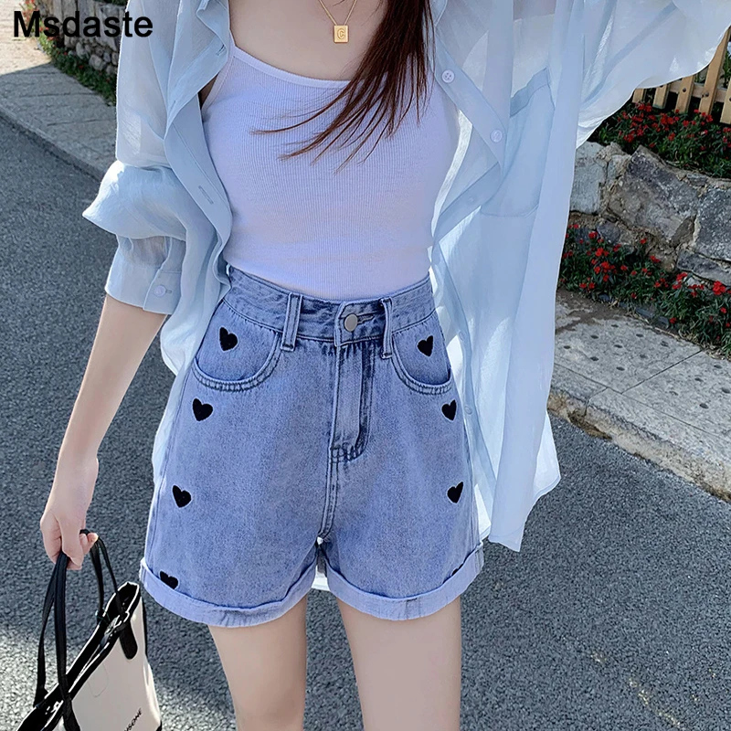 Jeans Shorts Women Summer Wide Leg High Waist Cute Heart Lady Short Jeans Pants A line Blue