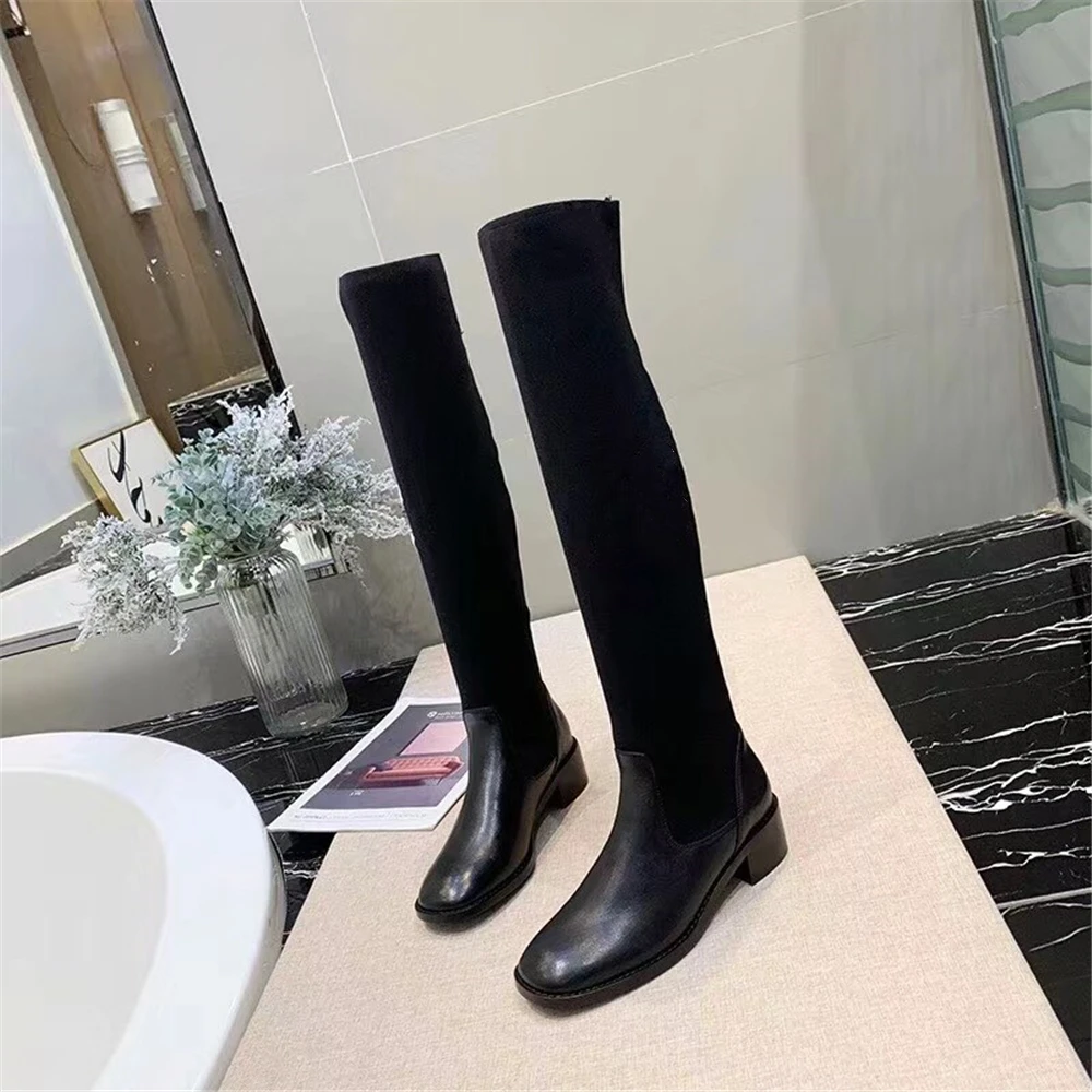 

Chueyz New High Quality Genuine Leather Boots Women Autumn Winter Boots Round Toe Low Heel Over the Knee Boots Slip On Size34-40