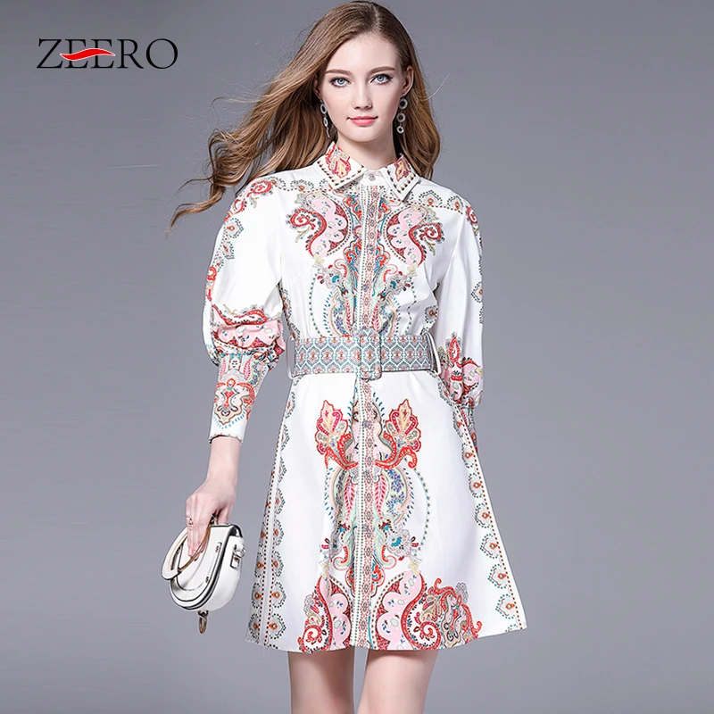 

Plus Size Women Vintage Print Count Mini Runway Dress Elegant Lantern Sleeve Single Breasted Sashes Shirt Club Dresses Fall 2019