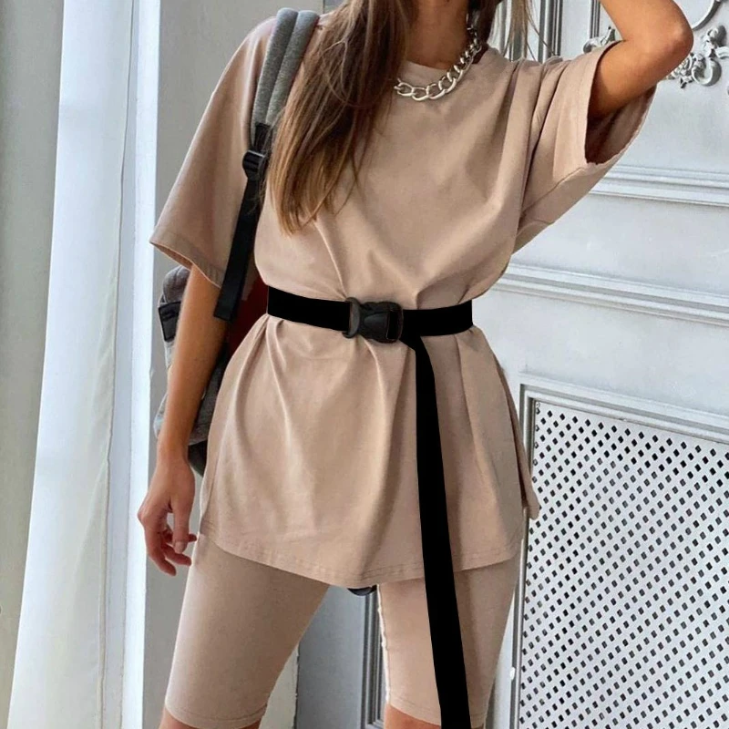 Hot Sales Casual Solid Women's Two Pieces Suit with Belt Solid Color Home Loose Sports Leisure Suit Summer Basic Streetwear 2020