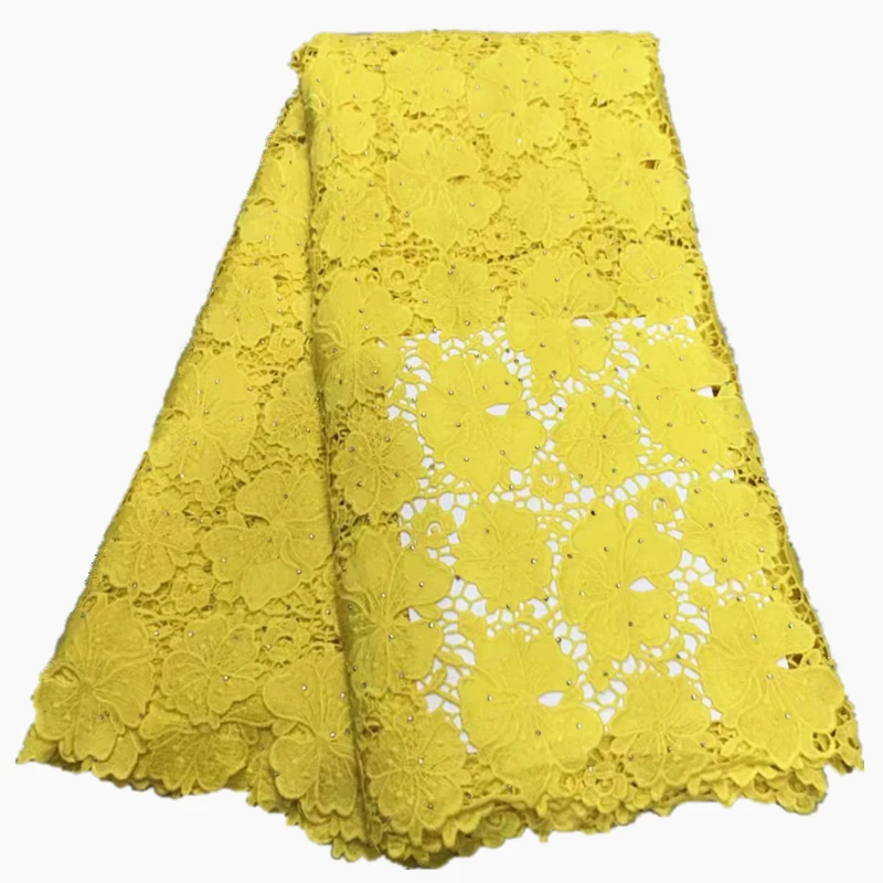 

Yellow African Lace Fabric 5 yard High Quality guipure lace with stones Nigerian lace fabric for party