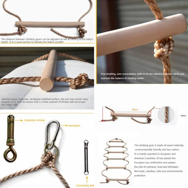 Wooden Rope Ladder Multi Rungs Safe Sports Rope Swing Swivel Rotary Connector Tools Children Activity Climbing Game Toys