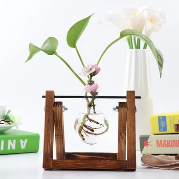 

Vintage Flower Vases Creative Hydroponic Plant Transparent Vase Wooden Frame Coffee Room Glass Tabletop Plants Home Bonsai Decor