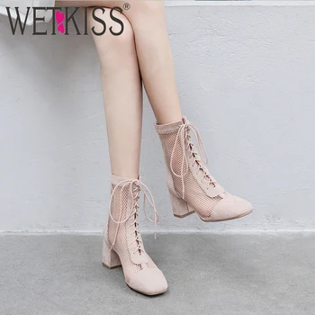 

WETKISS Square Toe Lace-Up Cool Boots Cross-Tied Casual Female Short Boots Party Thick Heel Shoes Sexy Mesh Women Ankle Boots