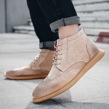 Открытый Для мужчин s из материала под бычью кожу; роскошные кожаные ботинки martin модные удобные рабочие ботинки прошитой подошве; теплые зимние плюшевые тапочки с большими Размеры Для мужчин, обувь, ботинки