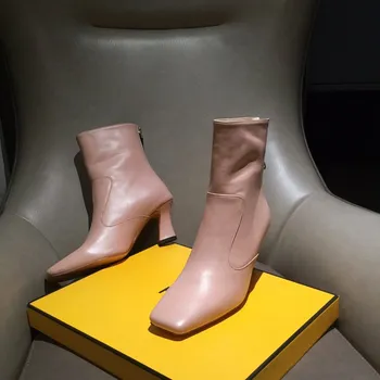 

High Heels Chelsea Boots Women Ankle Boots Square Toe Genuine Leather 2020 Brand Luxury Designer New Back Zipper Botas for Women