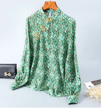 

Spring 2020 for European and American women's wear The leaves of printing Long sleeve-plate button-down collar silk shirt