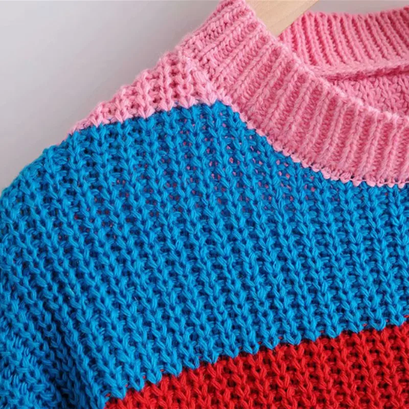 NSZ женский Радужный свитер с длинным рукавом Цветной полосатый вязаный Топ круглый воротник вязаный пуловер Трикотаж