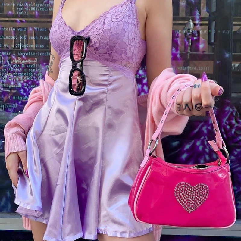 Baguette-Bag Pink Heart Kawaii Handbag Rhinestone Vintage Women Mini Patent Chic Cute