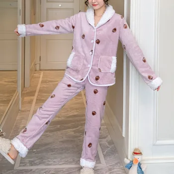 

Winter 2pc Pajamas Sets Women Coral Fleece Thicken Long Sleeve Warm Cartoon Pajama Sets Sleepwear Homewear Cute Home Clothes