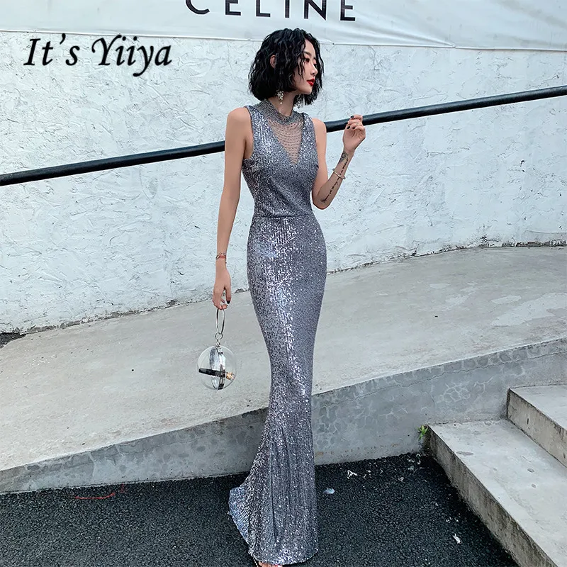 

It's Yiiya Evening Dresses Gray High Collar Beading Shining Sequined Formal Gowns For Girls Mermaid Long Evening Dresses K071