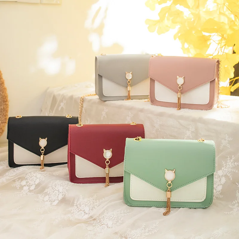 

Sheng chuang Beauty 2019 Summer New Products Shoulder Cross-body Women's Cat Head Tassels Matching Color Flip Chain Change Squar