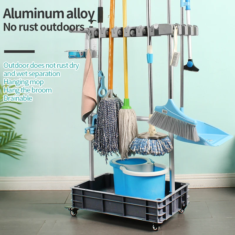 The new caster base integrated aluminum alloy mop rack, tool storage