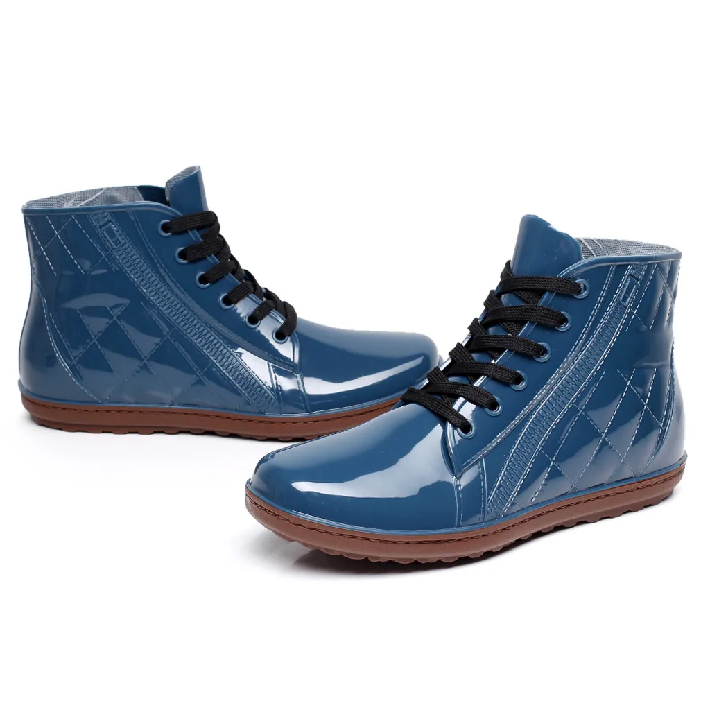 Резиновые сапоги для мужчин, резиновая модная обувь на плоской подошве со шнуровкой, короткая обувь для дождливой погоды, резиновые сапоги, Мужская водонепроницаемая обувь на плоской подошве со шнуровкой