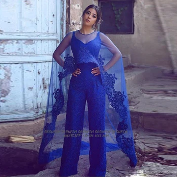 

New Blue Lace Jumpsuit with Long Capelet Modest Mother of the Bride Dresses for Wedding Appliqued Formal Evening Gowns Madrinha