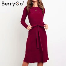 BerryGo элегантное женское трикотажное платье-свитер ТРАПЕЦИЕВИДНОЕ зимнее платье с длинным рукавом на бретелях однотонное осеннее дамское короткое платье с круглым вырезом