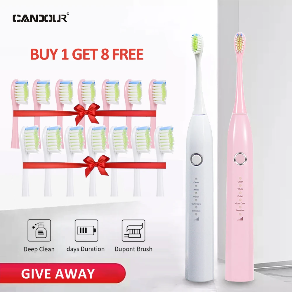 

CANDOUR Sonic Electric Toothbrush Rechargeable 15 Modes IPX8 Waterproof Toothbrush Teeth Replacement Heads Set