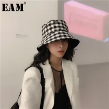 [EAM] женские черные клетчатые двухсторонние шляпы для рыбалки, новые круглые купольные темпераментные модные Универсальные весенне-осенние 1H280