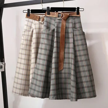 

Autumn Belt Plaid Vintage A-line Women's Skirt High Waisted Midi Sashes Female Skirts 2020 Winter Fashion Pocket Women Clothes