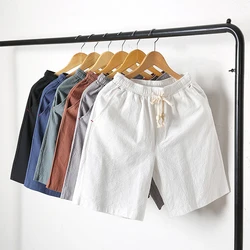 Shorts feminino de linho, calção curta de linho para mulheres plus size de algodão, com cintura elástica no joelho e bolsos