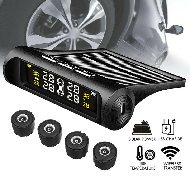 

Solar Wireless TPMS LCD Tire Pressure Monitoring System +4 External Sensor
