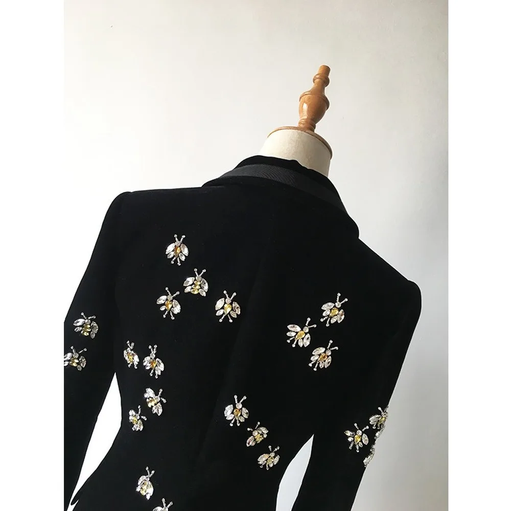 elegant Top women coats Designer Fashion Bees Beading diamond Long Blazers Notched Black Velvet Slim suit jacket Plus Size