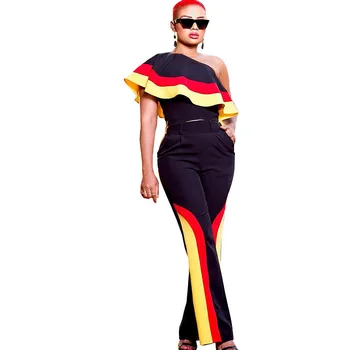 

Fashion Spring Women Set Skew Collar Sleeveless Suits Striped Two Piece Set Top And Pants Casual Ruffles Tracksuit Women Outfits