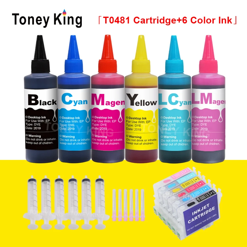 Чернила Toney King для принтера Epson Stylus Photo R200 R220 R300 R300M R320 6 × 100 мл + картриджи T0481-T0486 |