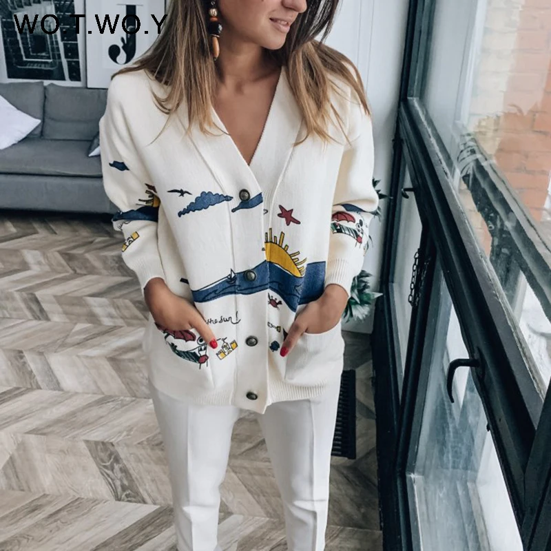 Women Tops Coat Jumpers Belt-Pockets Casaul-Buttons V-Neck Print Openswitch White Autumn