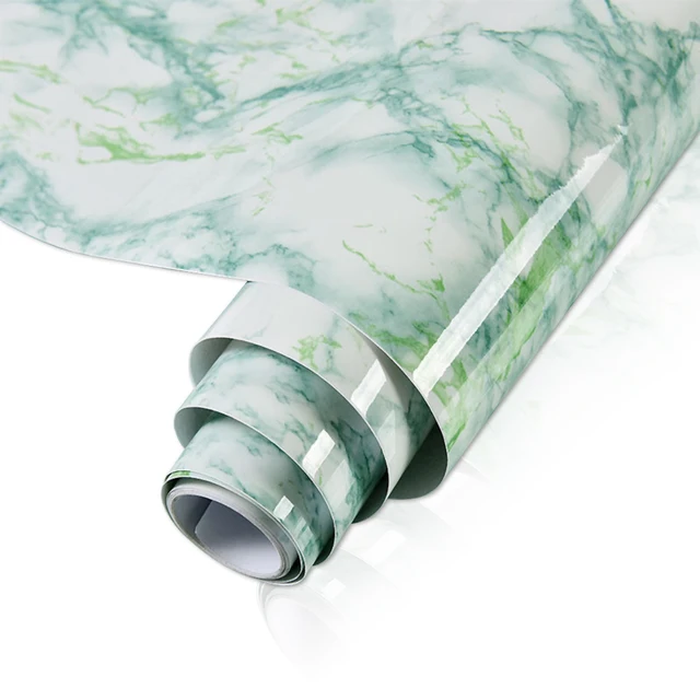 Shiny White Self-Adhesive Peel & Stick in Rolls Waterproof Wallpaper Furniture Films PVC Oil-proof Wall Stickers Kitchen Cabinet Marble Light Green