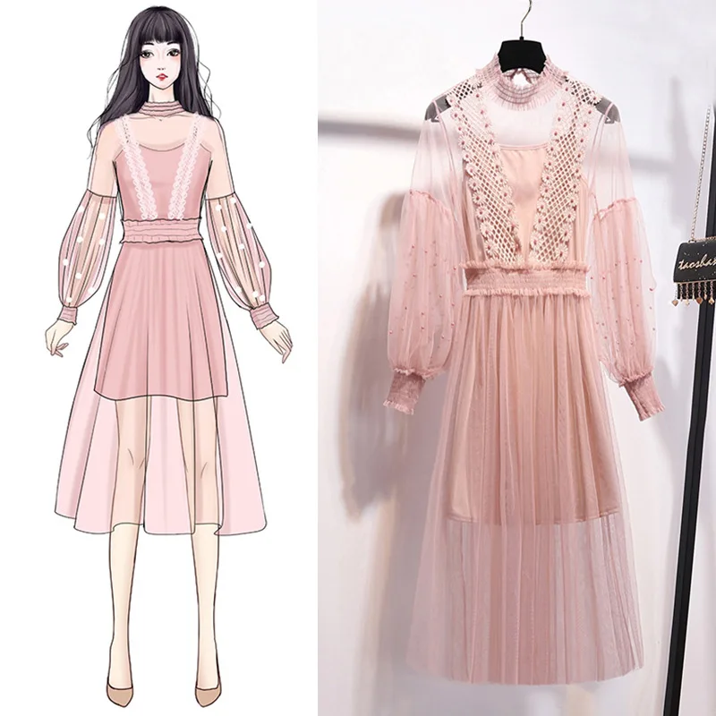 

Dress Two-Piece Set Summer Wear for Women New Style Korean-style Gauze Beads Hollow out Waist Hugging Skirt Immortal Set