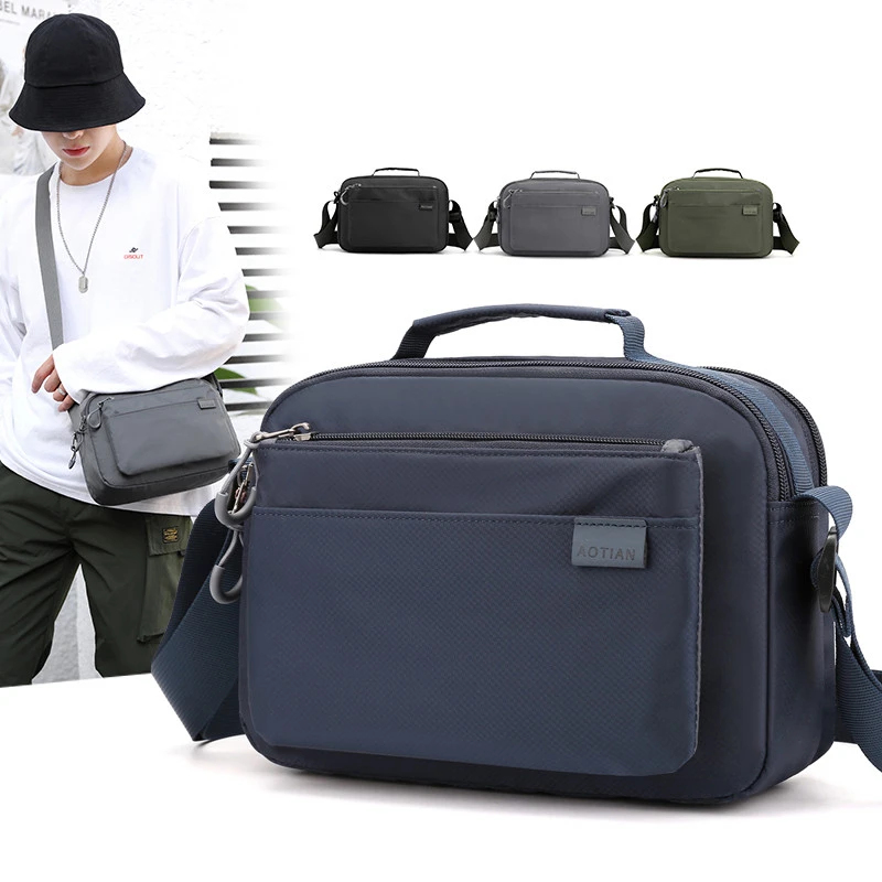Black Shoulder Bag Men's Nylon Waterproof Messenger Small Solid Soft Zipper Horizontal Multi-pocket Travel Handbag |