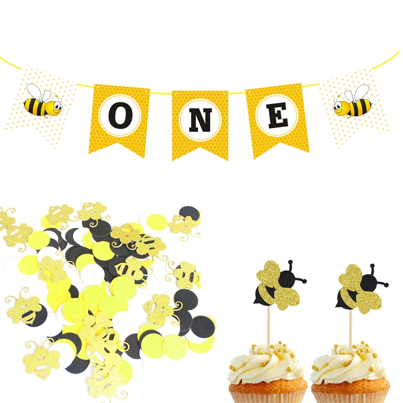 Glitter Bumble Bee Cupcake Toppers One Paper Banner Table Confetti Gender  Reveal Baby Shower 1st Birthday Cake Party Decoration - AliExpress