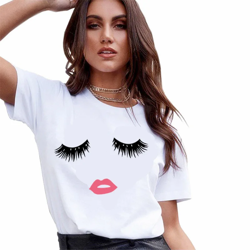 

Camiseta con estampado de labios para mujer, camisetas informales con cuello levantado, ropa de calle de manga corta, camisetas