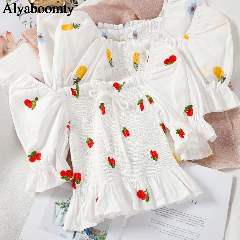 Женская короткая блузка Ulzzang летняя с квадратным вырезом и вышивкой