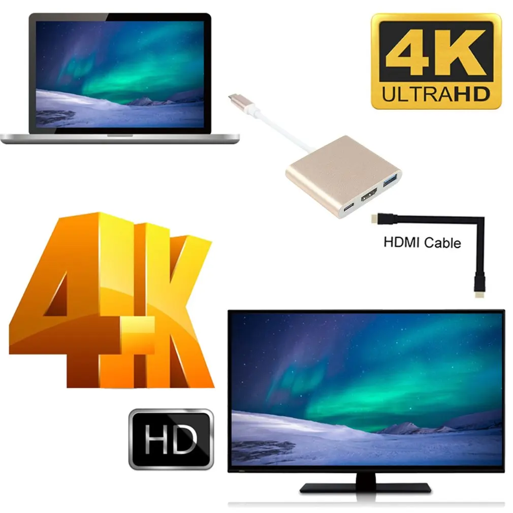 3 в 1 USB-C к HDMI кабель конвертер для Apple Macbook USB 3,1 Thunderbolt 3 type C переключатель к HDMI 4K концентратор адаптер кабель 1080P