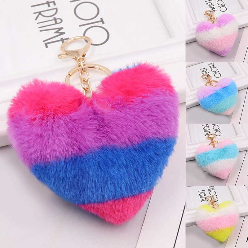 

9CM Cute Fluffy Heart Keychains Women's Pom Poms Faux Rex Rabbit Fur Key Chains Girl Bag Hang Car Key Ring Jewelry Accessories